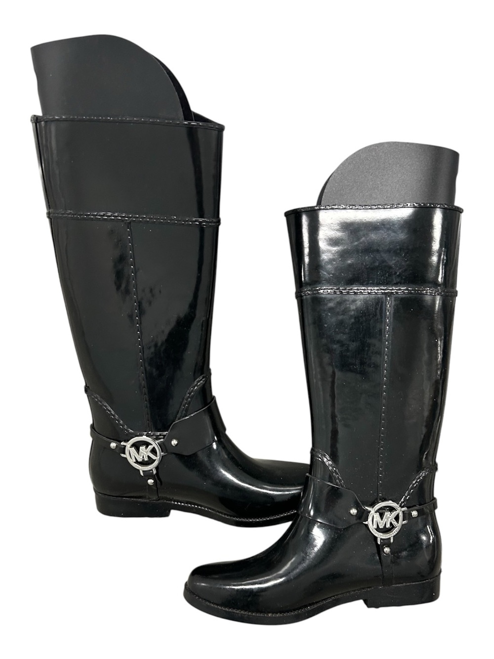 Michael Kors Glossy Black Tall Fulton Harness Rain Boots Size 7